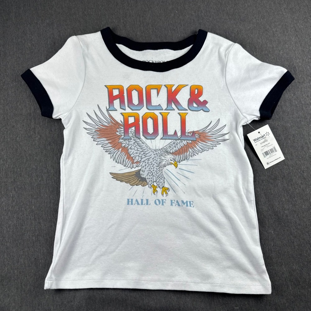 Rock & Roll Hall of Fame Kids Eagle Graphic Ringer T-Shirt White Black L 10/12
